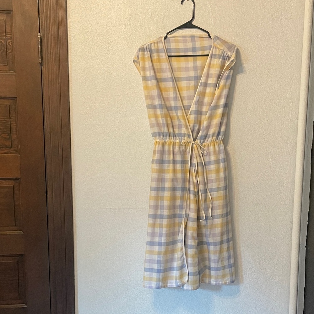 VINTAGE Handmade Plaid Wrap tie Midi Dress in Yellow and Light Blue
